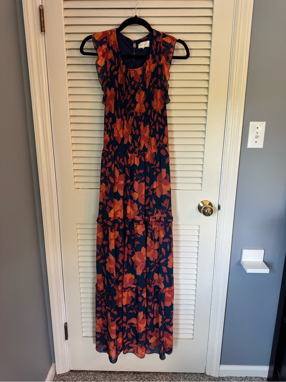 Melloday Navy Blue & Orange Floral Maxi Dress